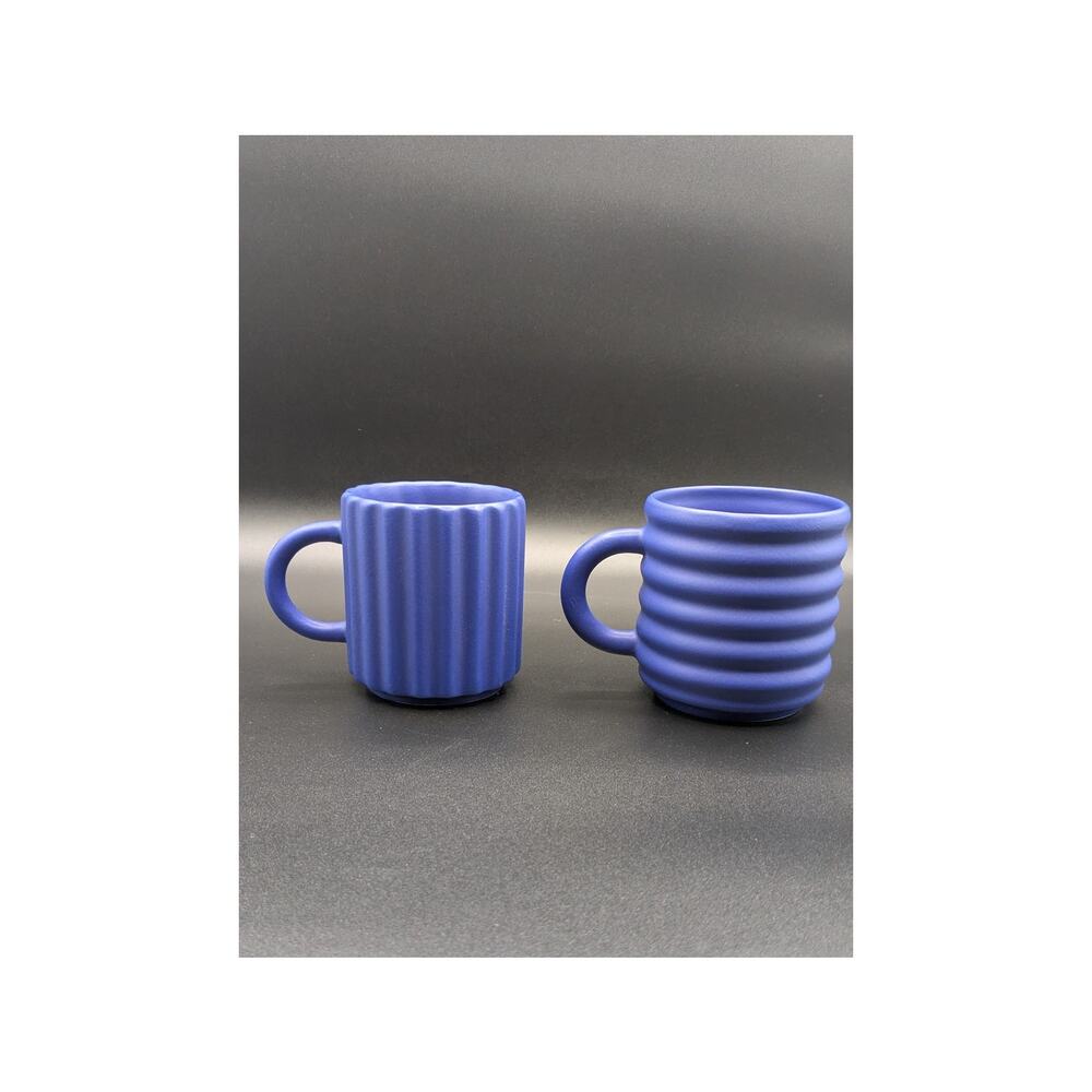 Set of 2 Ripple Mugs Bilge Nur Saltik Colbalt Blue Stoneware. 14 oz